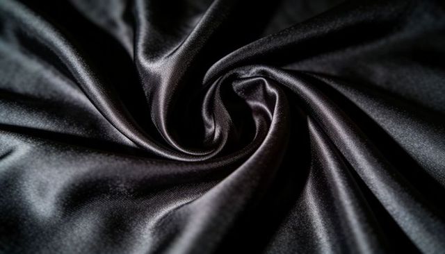 Black satin fabric spiraling with glossy folds and smooth luster for luxury design