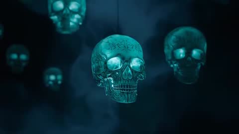 Ethereal Ornate Skulls Rotating in Smoky Atmosphere