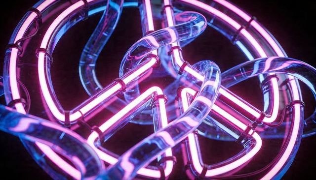 Glowing neon sculpture intertwined pink and cyan glass tubes futuristic geometric lighting