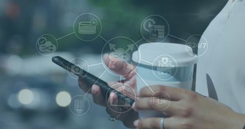 Network of Digital Icons with Woman Using Smartphone Outdoors