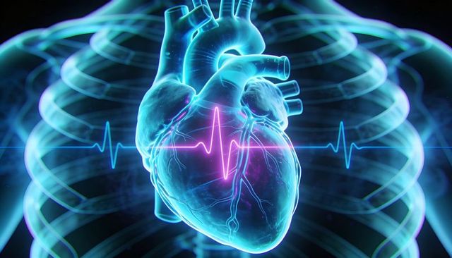 Glowing anatomical heart pulsing inside semi-transparent rib cage with neon ecg waveform