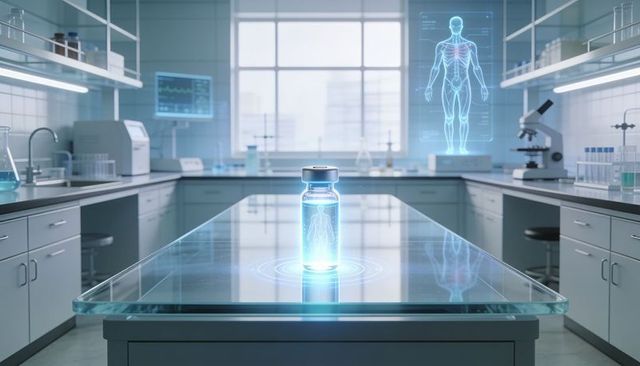 Futuristic biotech vial projecting holographic human anatomy on glass lab bench, ai display
