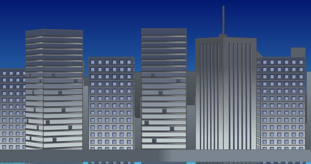 Digital illustration of a futuristic cityscape featuring tall skyscrapers and a modern skyline at night. Perfect for use in technology-related designs, urban planning presentations, city design projects, and as a backdrop for science fiction themes.