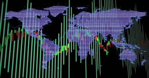 Global market data visualization with neon world map and candlestick analytics overlay