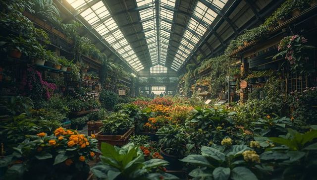Victorian glasshouse conservatory skylight aisle lined with lush potted plants and blooms