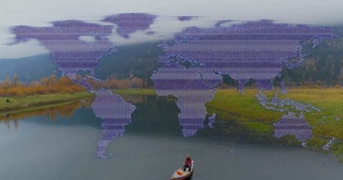 Paddling Canoe Under Purple World Map Overlay