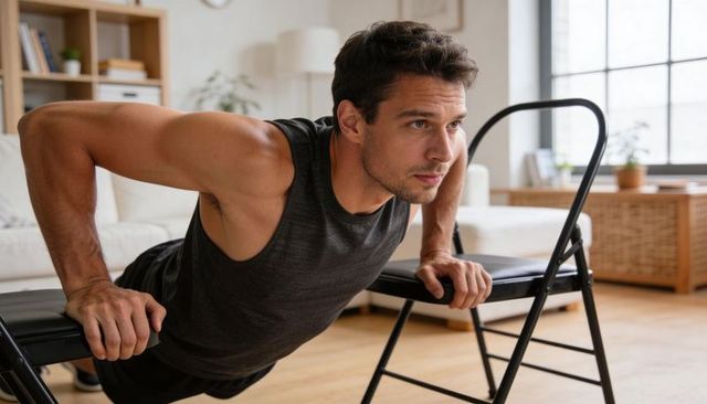 Fit man performing elevated push-ups on folding chairs in bright home living room