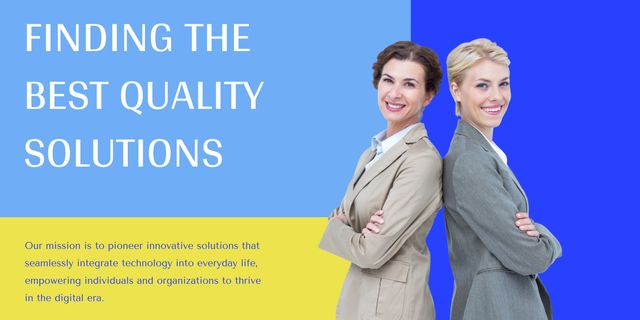 Two confident businesswomen standing back-to-back in professional attire, symbolizing successful partnership and leadership in a corporate environment. Ideal for promoting business services, leadership programs, teamwork initiatives, and women's empowerment in the workplace. Suitable for use in websites, presentations, brochures, and corporate marketing materials highlighting professionalism and collaboration.