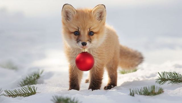 Red fox kit holding red christmas bauble in snowy forest, winter wildlife scene
