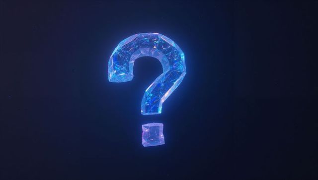 Futuristic glowing faceted question mark in dark void