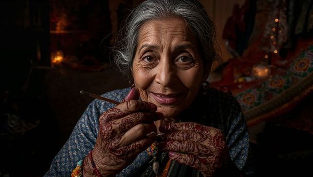 Senior indian woman crafting beaded tassel by candlelight, hennaed hands close-up portrait