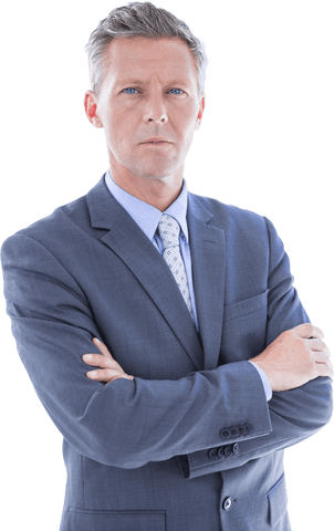 Successful Caucasian Businessman in Suit Crossing Arms on Transparent Background