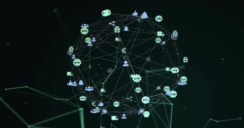 Connecting global fintech network sphere with glowing nodes, chat and euro icons