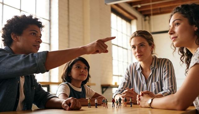 Family discussing and arranging miniature figurines around wooden table in bright loft