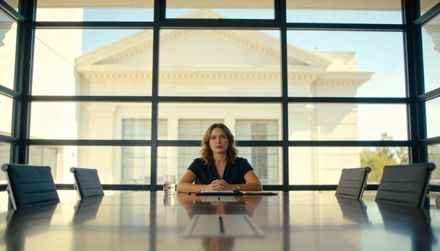 Boardroom leader sitting at head of modern conference table, confident corporate executive