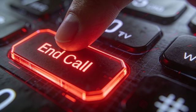 Pressing red end call key with fingertip on backlit phone keypad closeup macro red glow