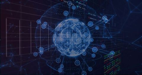 Glowing digital globe connecting global networks and visualizing data flows