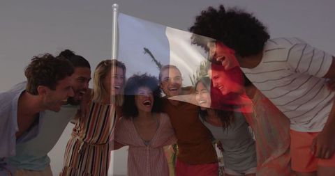 Joyous friends embracing outdoors featuring tricolor overlay