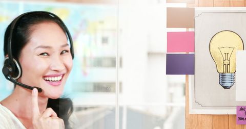 Smiling businesswoman with headset and lightbulb illustration