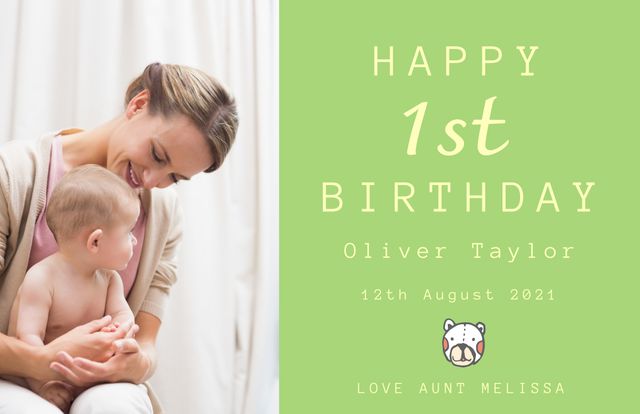 This card features a loving mother holding her baby with a gentle smile, perfect for celebrating a baby's first birthday. The green background and soft, warm tones create a joyful and tender ambiance. This card can also suit Mother's Day celebrations, symbolizing the special bond between a mother and her child. Use for personal and celebratory occasions to mark significant milestones in a child’s life.