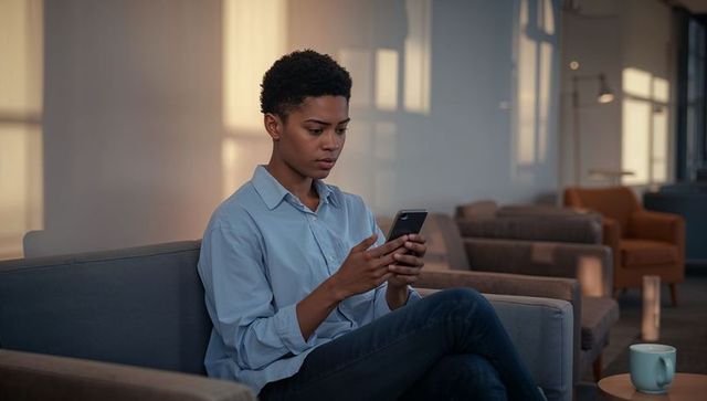 Young woman sitting on lounge sofa holding smartphone, concentrating in modern workspace