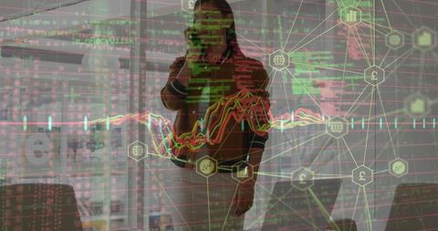Businesswoman in Office with Digital Financial Overlay