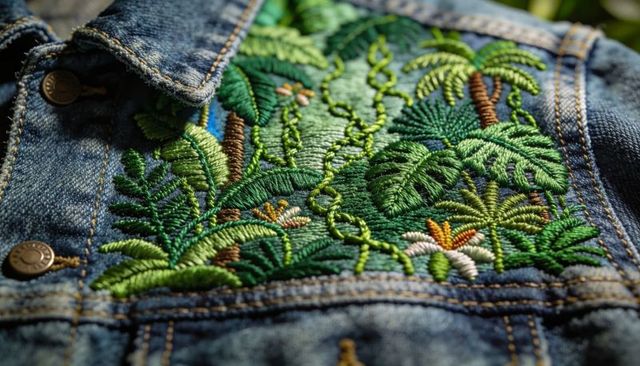 Tropical embroidery panel featuring palm leaves and flowers on vintage denim jacket