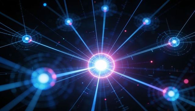 Radiating digital nexus with glowing core and radial network beams for tech background