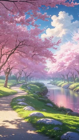 Vertical video of cherry blossom canopy arching over riverside path, water reflecting pastel sky