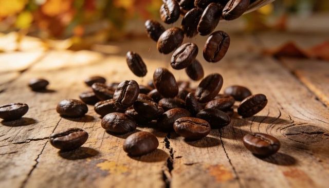 Pouring Roasted Coffee Beans Over Rustic Wooden Table With Warm Autumn Bokeh