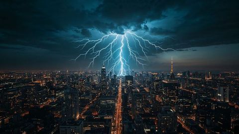 Dramatic Lightning Over Night City Skyline with Illuminated Skyscrapers