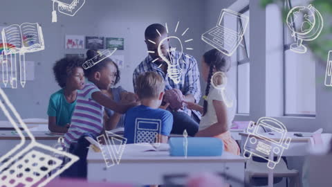 Diverse Classroom with Educational Icons Animation