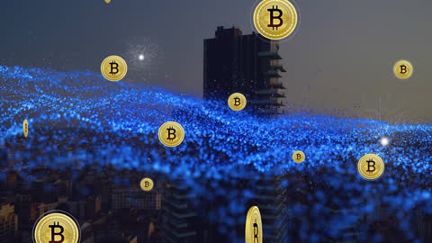 Digital Bitcoin Coins Falling Over Urban Skyline Background