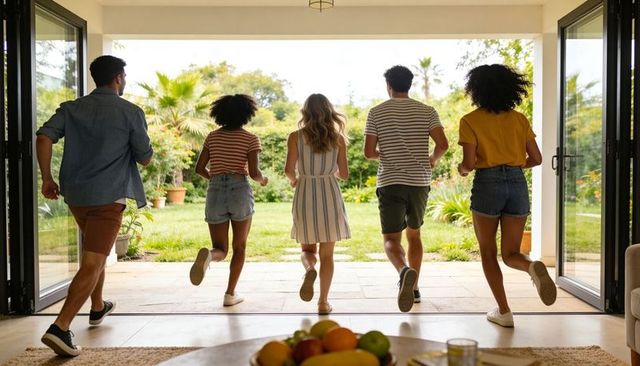 Friends running through folding glass doors into sunny backyard garden enjoying summer
