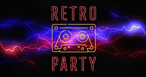 Neon Cassette Tape with Vibrant Lightning at Retro Party Event