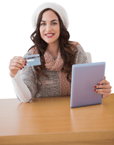 Caucasian Woman Shopping Online with Credit Card on Transparent Background