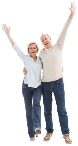Joyful Senior Couple Raising Arms in Glasses