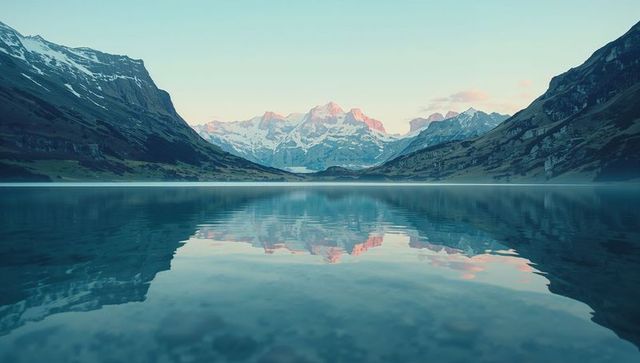 Tranquil reflection of snow-capped peaks in serene alpine lake