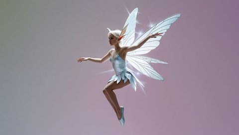 Fantasy fairy hovering with sparkling wings in studio