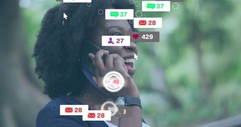 Woman Surrounded by Social Media Notifications While on Phone Call