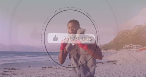 African American Boxer Practicing on Beach with Social Media Overlay