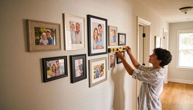 Woman aligning family gallery wall with yellow spirit level in bright hallway