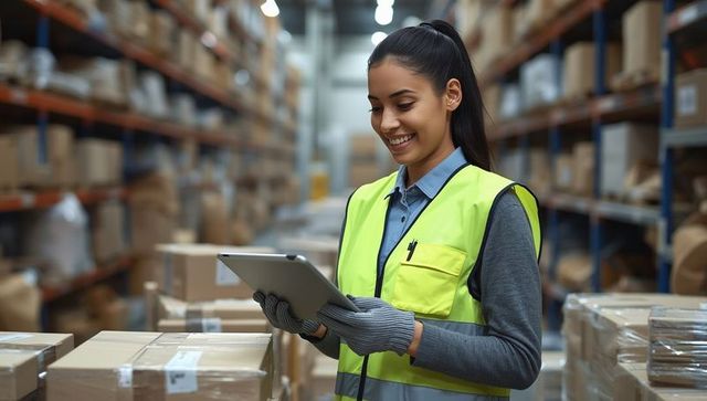 Female Warehouse Worker Using Tablet for Inventory Management
