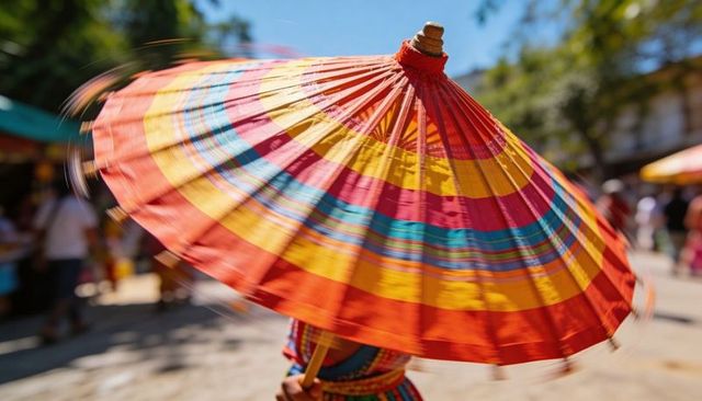 Twirling vibrant striped paper parasol at busy bazaar