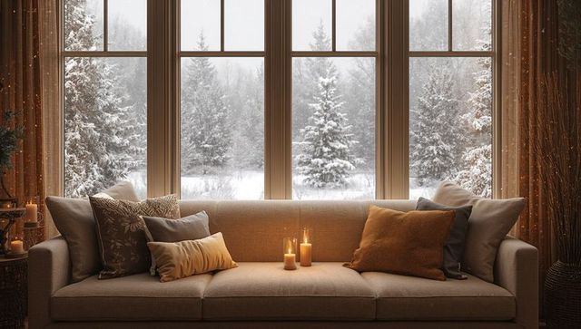 Cozy hygge living room with beige sofa, glowing candles and snowy forest window view