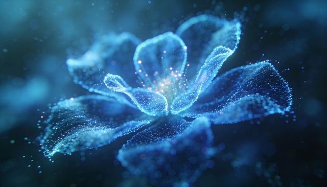 Luminescent particle bloom forming cyan petals with warm core light in blue void, ethereal digital b