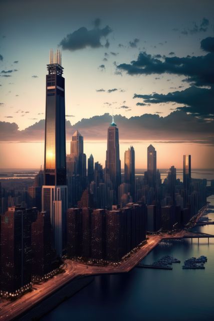 Cityscape with lit streets at sunset with clouds, created using generative ai technology. Architecture and skyline concept digitally generated image.