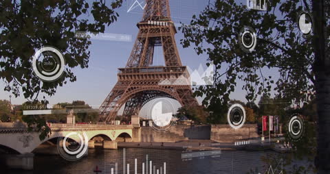 Digital Financial Data Overlay on Eiffel Tower Landscape