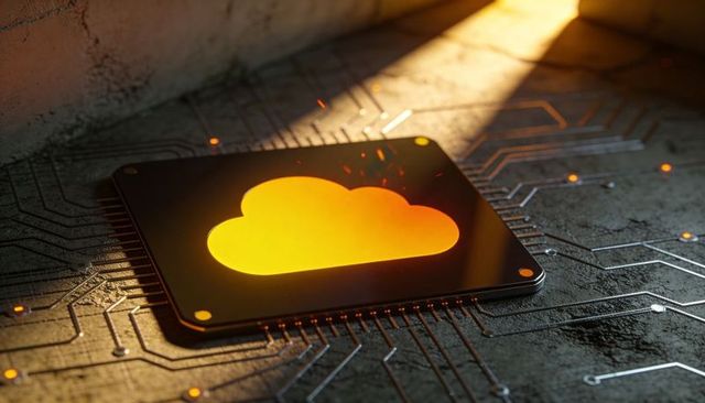 Glowing cloud chip radiating warm amber light on industrial circuit board macro silicon
