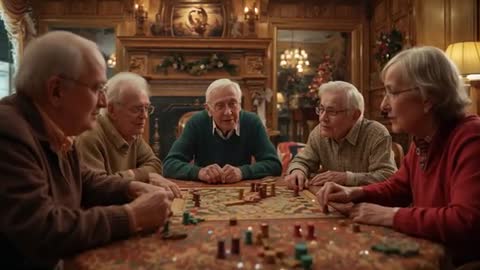 Seniors Enjoy Engaging Board Game around Festive Fireplace